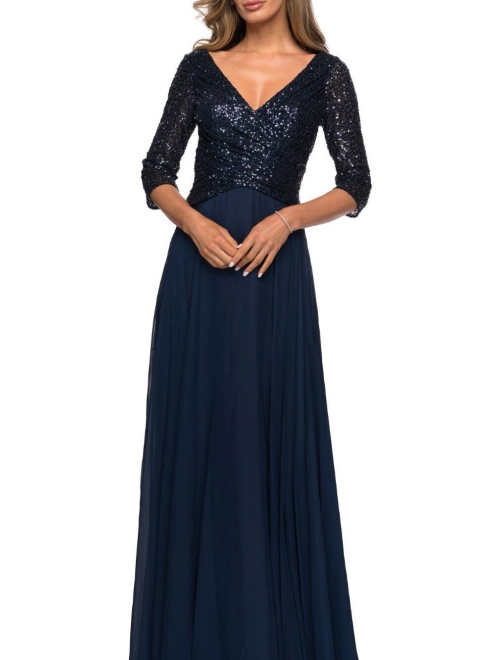 La Femme Size 6 Navy Blue 27998 Long Chiffon Evening Gown Dress Sequined Bodice